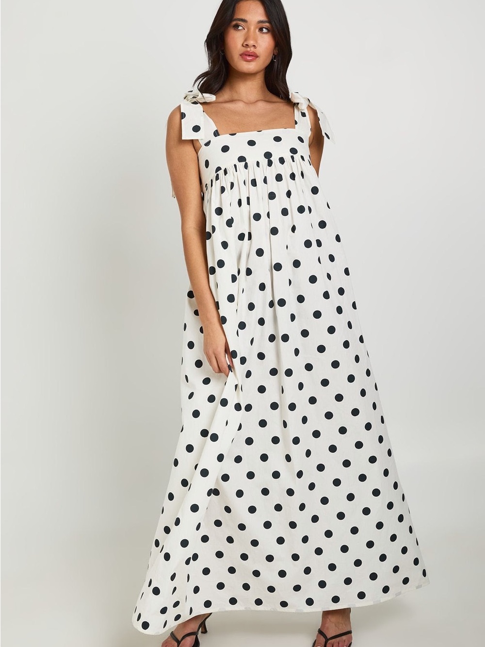 Boohoo Polka Dot Tie Shoulder Maxi Smock Dress - White & Black